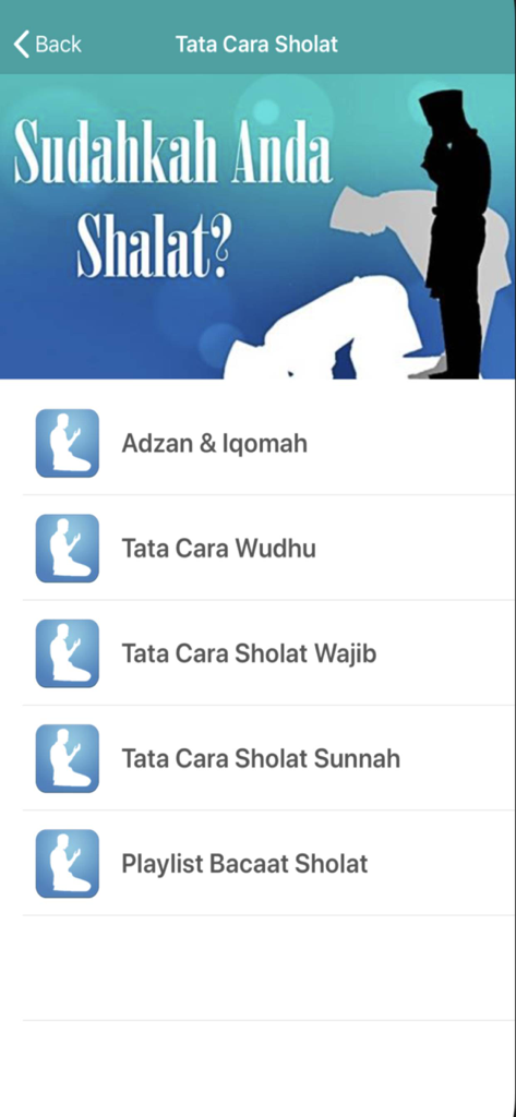 Tata Cara Sholat Lengkap - Menú principal de la aplicación Tata Cara Sholat Lengkap con guías de oración e instrucciones de ablución en indonesio.
