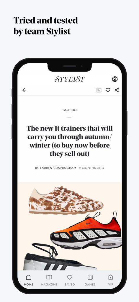 Stylist: Fashion, Beauty, News - Captura de tela de um artigo de moda no aplicativo Stylist mostrando tênis de outono e inverno em alta.