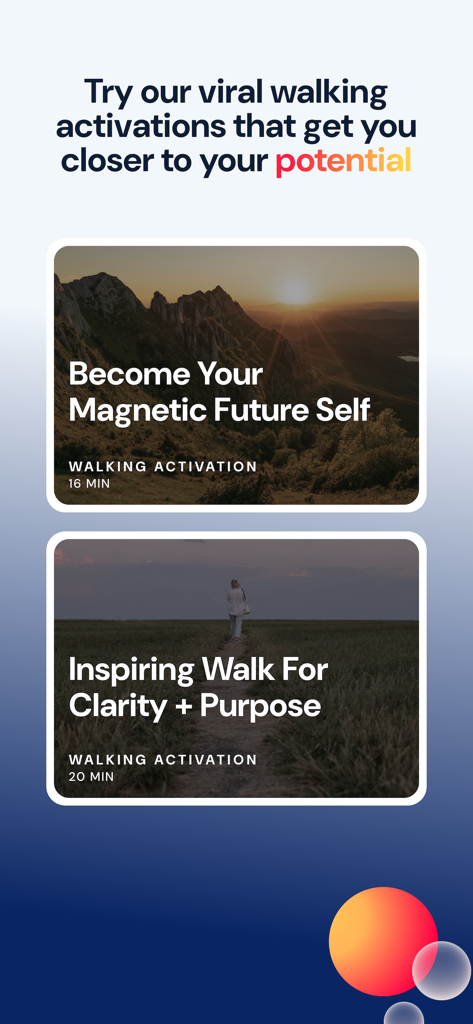 Activations: Daily Motivation - App interface showing viral walking activations for personal growth and mental clarity