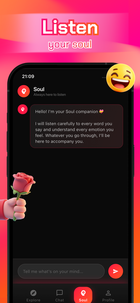 Screenshot of Dina app showing the AI Soul companion chat interface for emotional support.