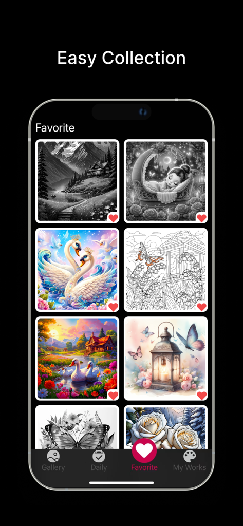 Cozy Color - Color By Number - A screen from the Cozy Color app displaying a collection of favorite coloring images including landscapes and butterflies