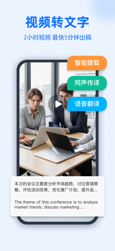 Transcribe - Voice Dictation - Interfaz de aplicación móvil que demuestra las funciones de transcripción de video a texto y traducción de reuniones.