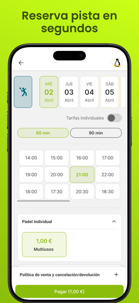 Pantalla de la aplicación móvil Sporttia mostrando la selección de fecha, hora y pago para una reserva de cancha de pádel