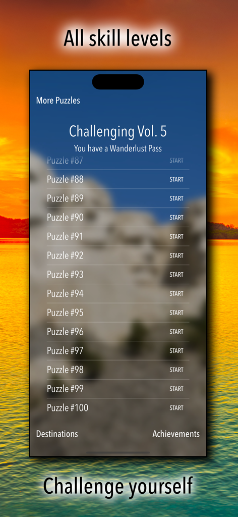Crossword Puzzles! - A list of challenging levels in the Crossword Puzzles app featuring a beautiful sunset background