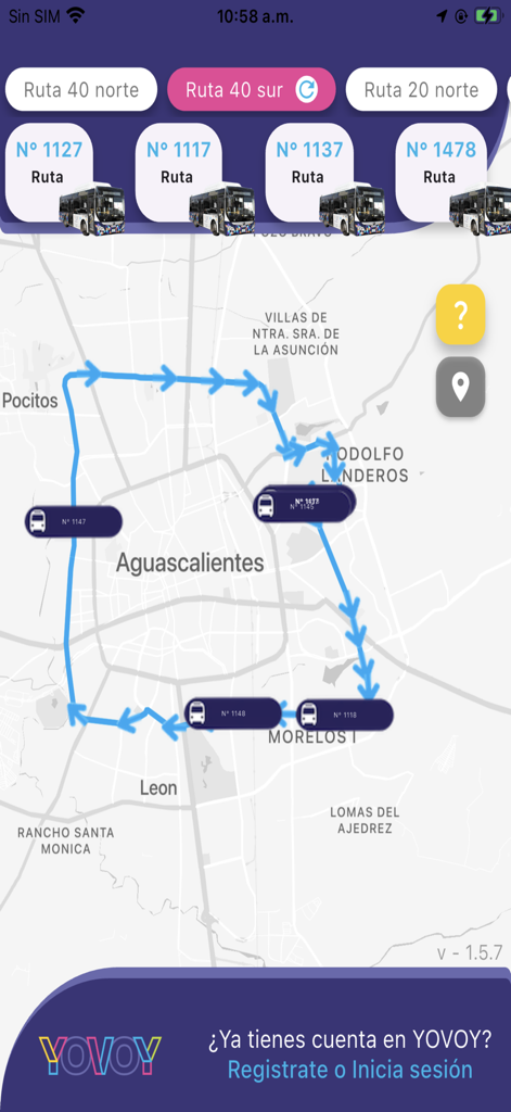 Yovoy StopBus - Interfaz de la aplicación Yovoy StopBus que muestra ubicaciones de autobuses en tiempo real y la ruta 40 sur en un mapa de Aguascalientes.