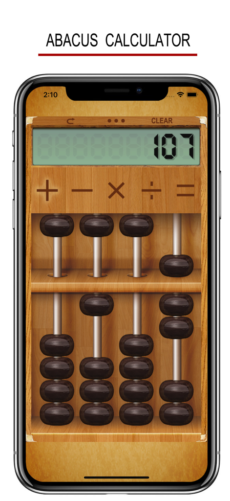 Abacus - Dancing Fingers ! - Pantalla de smartphone que muestra un ábaco virtual con marco de madera y cuentas negras para cálculos matemáticos mentales.