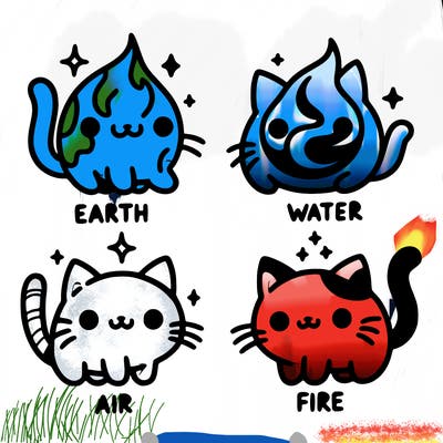 4 cats that represent the different elements, earth, water, air, and fire