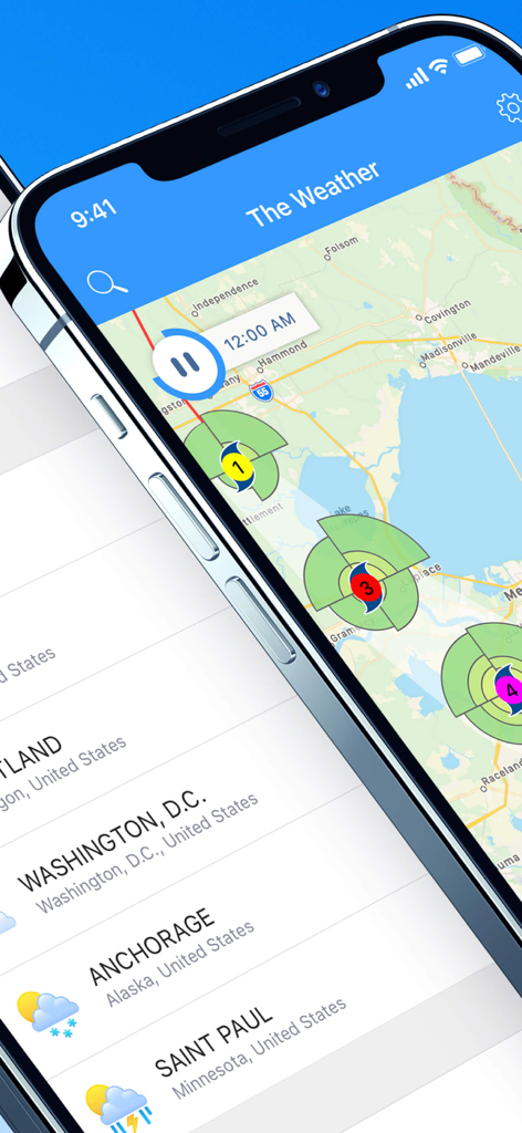 Weather app displaying a live storm and hurricane tracking radar on an iPhone