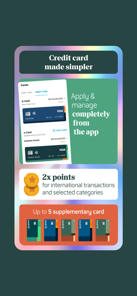 Jenius app interface showing credit card application, international transaction rewards, and supplementary card management.