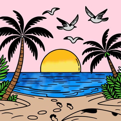 sunset at the beach with palm trees and birds