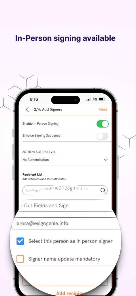 Foxit eSign - Foxit eSign mobile app screen for adding signers with the in-person signing option enabled