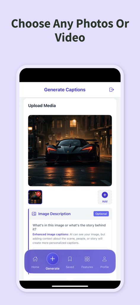 A screenshot of the Captionator app showing the interface for uploading photos and videos to generate AI captions.