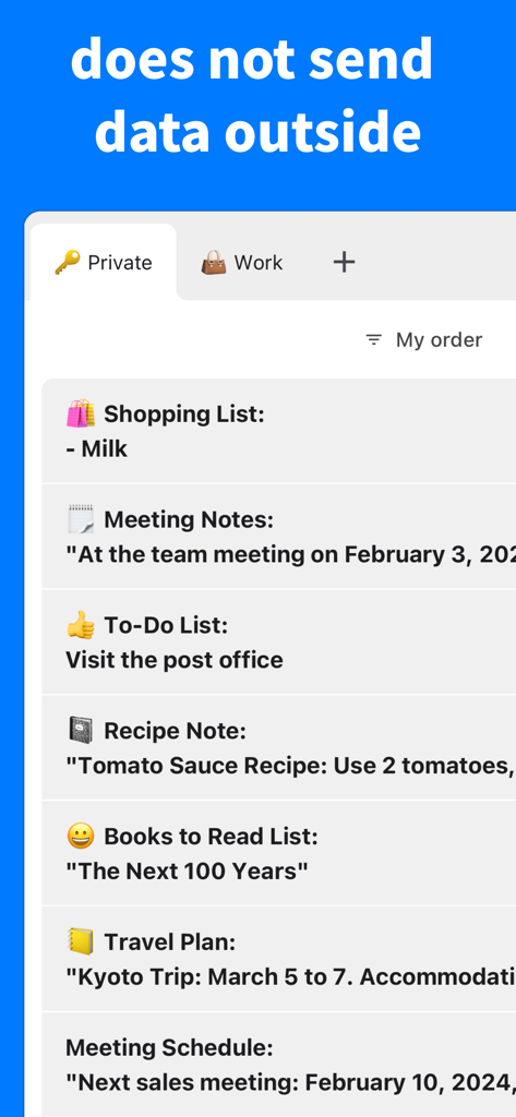 Simple Notes - Take notes - Interface of Simple Notes app showing private and work tabs with local data security message
