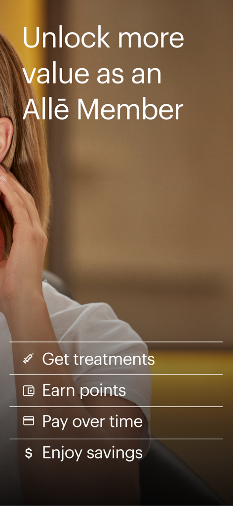 Allē - Alle app membership screen showing benefits like earning points and savings on aesthetic treatments