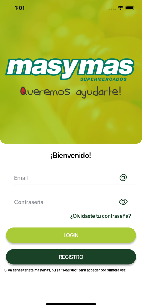Pantalla de inicio de sesión y registro para la app masymas supermercados con campos para correo electrónico y contraseña y un mensaje de bienvenida.
