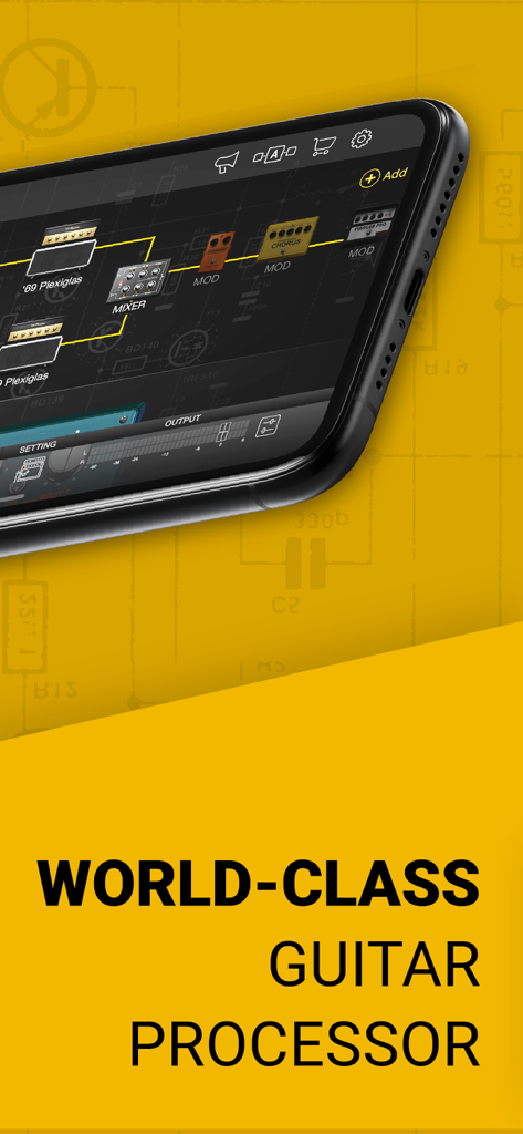 Pantalla de iPhone mostrando la cadena de señal de amplificador y efectos de guitarra en la aplicación BIAS FX con texto de fondo amarillo