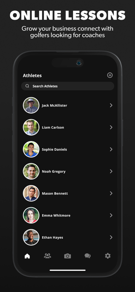 V1 Coach: Video Analysis App - Interfaz de la aplicación V1 Coach que muestra una lista de atletas para la gestión de entrenamiento en línea