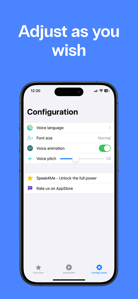 Type & Speak - Text to Speech - Menú de configuración de la aplicación de texto a voz Type and Speak que muestra los ajustes de voz y fuente
