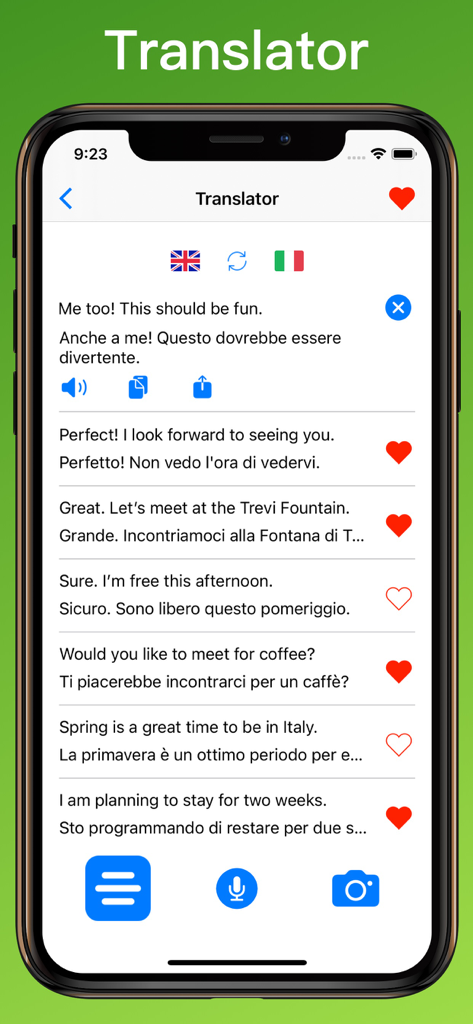 Italian Translator + - Interface do aplicativo Italian Translator mostrando traduções de frases de inglês para italiano para viagens e conversação