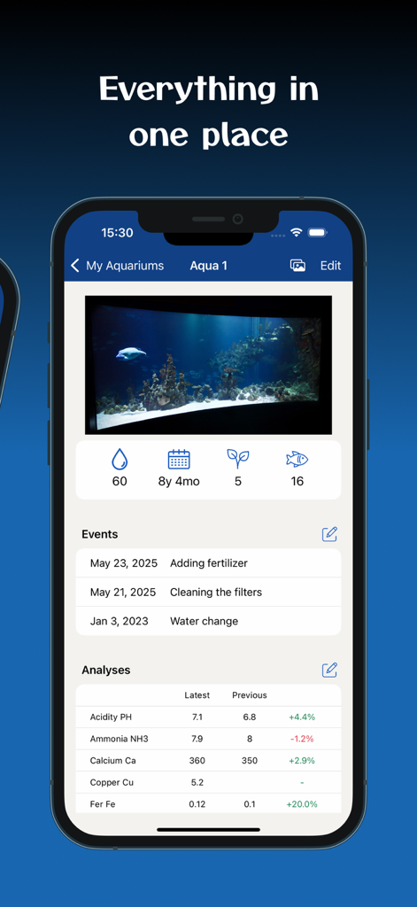 Aquarium Manager: Tank Log - Application Aquarium Manager montrant un aperçu de l'aquarium avec photo, événements d'entretien et données d'analyse de l'eau.