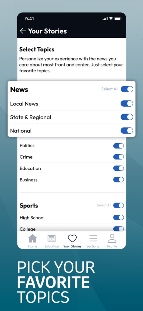 The Press of Atlantic City - Screen showing how to pick favorite news and sports topics in The Press of Atlantic City app