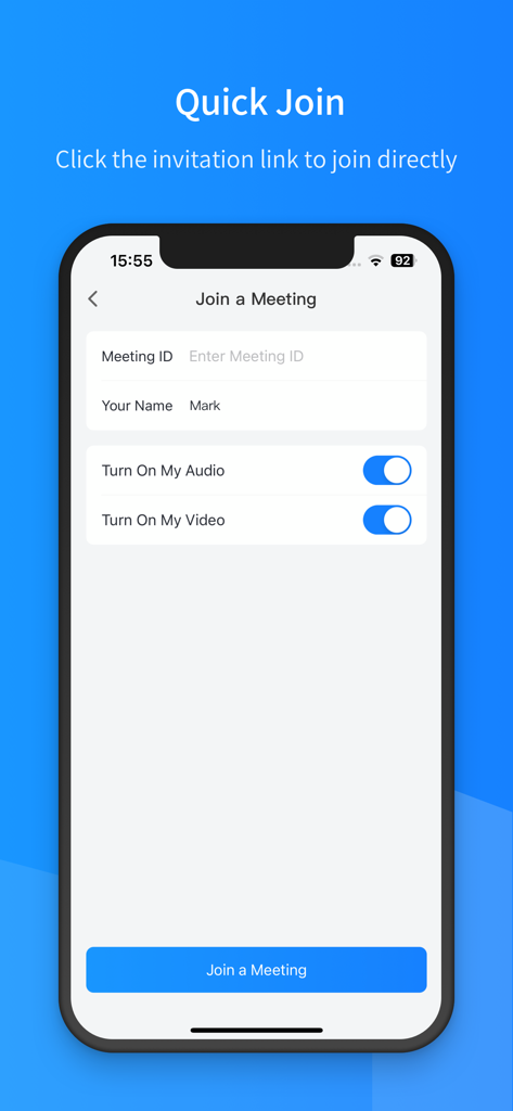 聚连会议 - JuLinker-Mobil-App-Oberfläche zum Beitreten zu einem Videoanruf mit Audio- und Video-Schaltern