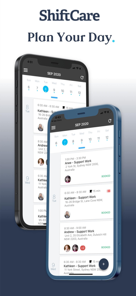 Two smartphones displaying the ShiftCare app daily schedule and shift planning for caregivers.
