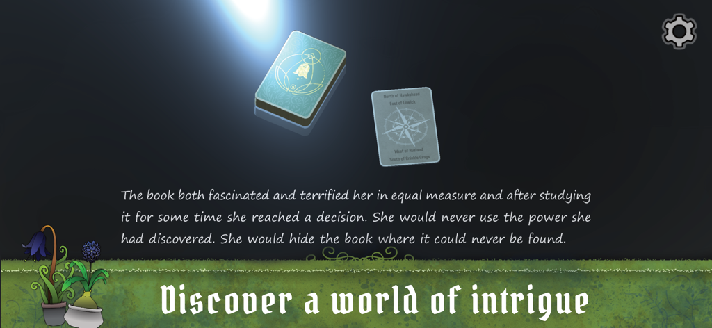 Strange Horticulture - A screenshot of Strange Horticulture featuring narrative text about a mysterious book and cards on a dark background.