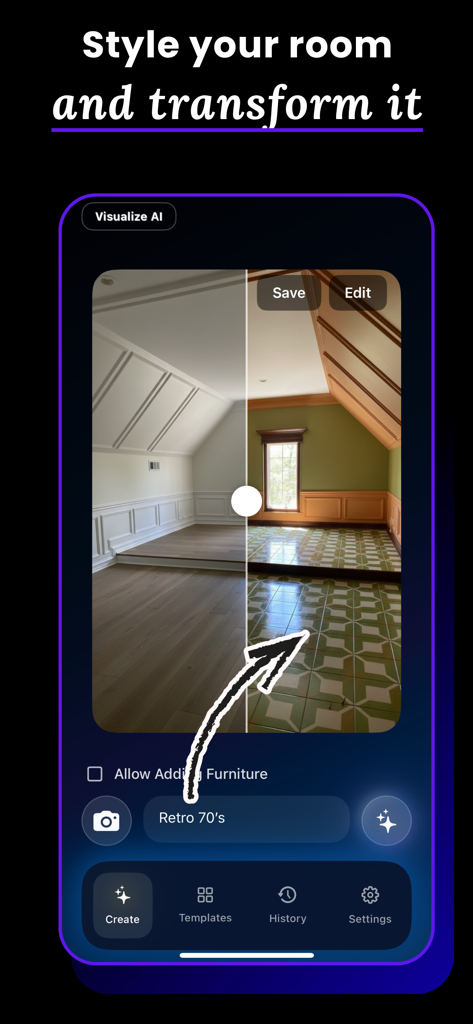 Before and after comparison of a room redesigned in Retro 70s style using Visualize AI.