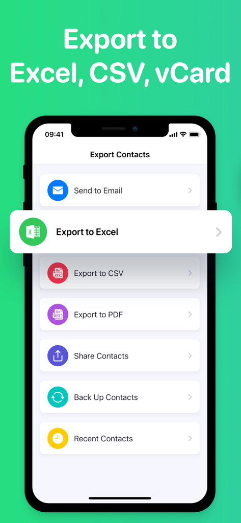Export Contacts to Excel, CSV - Excel CSV 또는 PDF 형식으로 전화 연락처를 내보내는 옵션이 있는 모바일 앱 인터페이스