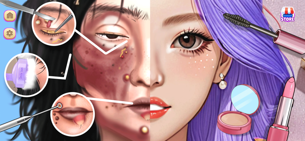 Skincare ASMR Makeover Games - Tela dividida mostrando os passos do tratamento da pele e um look de maquiagem finalizado