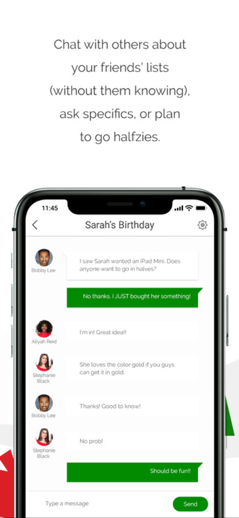 GiftList group chat interface for coordinating surprise gifts and sharing costs with friends.