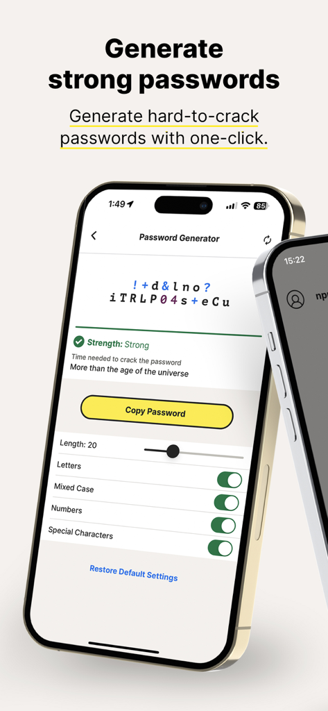 Norton Password Manager app showing the strong password generator interface with custom settings