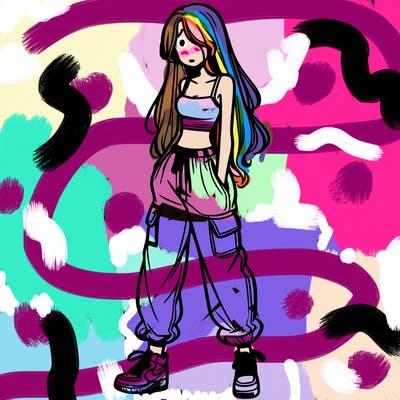 girl in baggy pants crop top and long hair