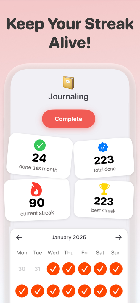 Daily Habit Tracker - Routi - Daily habit tracker streak and journaling statistics on a mobile screen