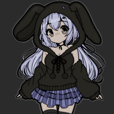 pretty anime girl wearing a fluffy hoodie with bunny ears on the hood and a skirt