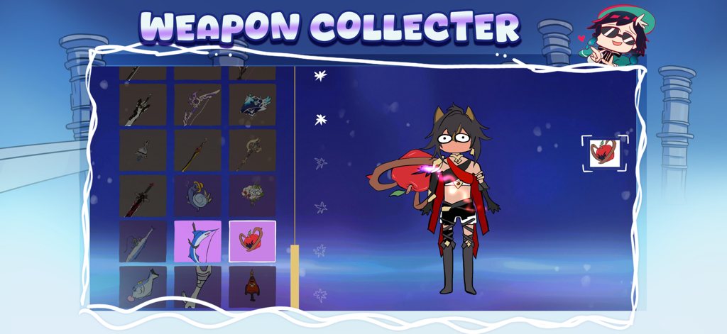Wacky Wisher: Silly Genshin - Interfaz de colección de armas en Wacky Wisher con objetos de parodia de Genshin tontos dibujados a mano