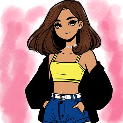 a realistic girl with a crop top and short shorts in an open jacket
