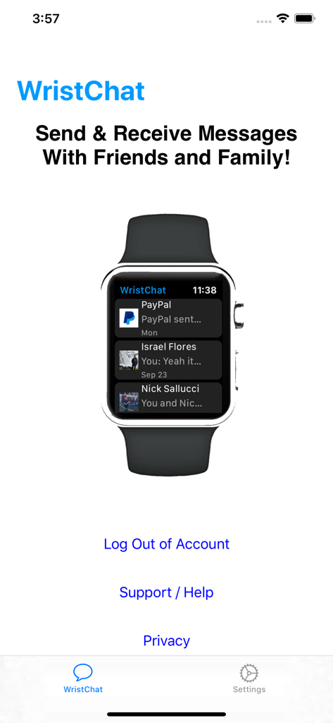 WristChat for Facebook - WristChat iPhone app display showing Facebook Messenger conversations on an Apple Watch