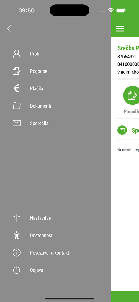 Moj SKBL(S) - Side navigation menu of the Moj SKBL mobile finance app showing user profile and account options