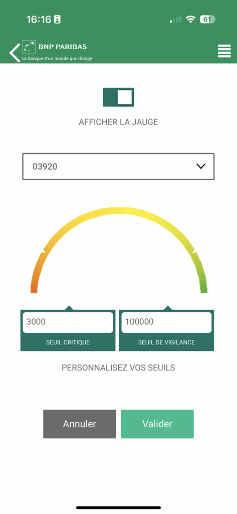 BNP Paribas Antilles-Guyane - Custom balance threshold settings interface in the BNP Paribas Antilles-Guyane app featuring a color coded gauge.