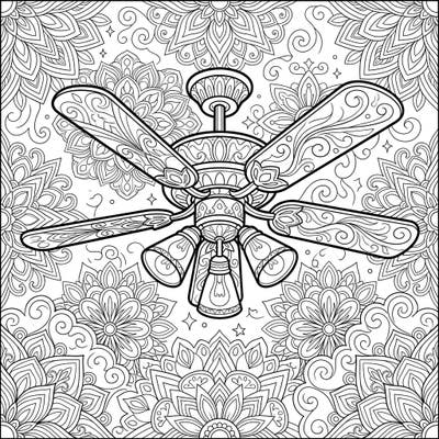 Explore the serene beauty of this ceiling fan with lights, designed for a relaxing coloring experience. Its detailed blades and integrated light fixtures are set amidst an elegant backdrop of decorative patterns, offering hours of creative fun.