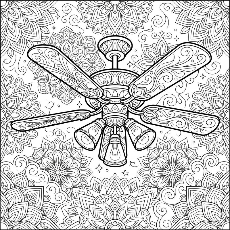 Explore the serene beauty of this ceiling fan with lights, designed for a relaxing coloring experience. Its detailed blades and integrated light fixtures are set amidst an elegant backdrop of decorative patterns, offering hours of creative fun.