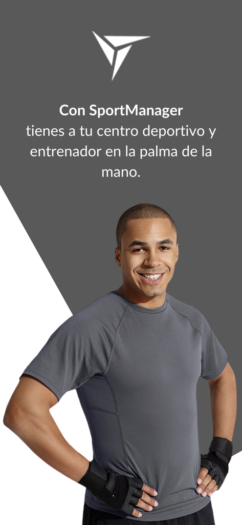 SportManager 2.0 - A smiling man in gym attire promoting the SportManager fitness app