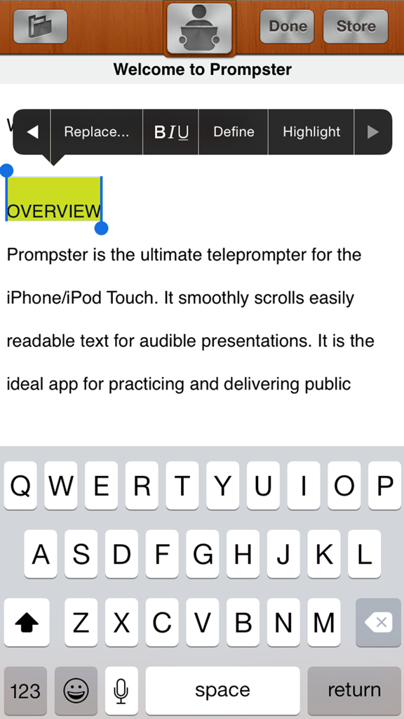 Prompster Pro™ - Teleprompter - Interfaz para editar y formatear guiones en la aplicación teleprompter Prompster Pro.