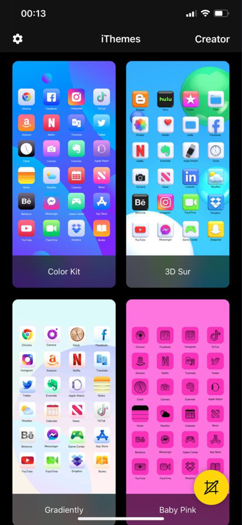 Galería de temas estéticos para pantalla de inicio de iPhone en la aplicación iThemes que muestra diferentes estilos de iconos y colores