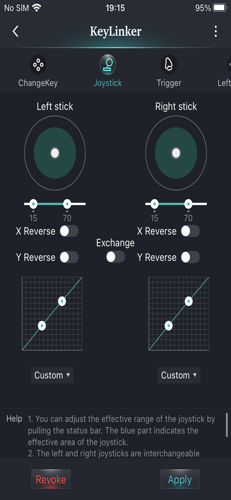 KeyLinker - KeyLinker app interface for calibrating left and right joystick sensitivity, range, and axis inversion.