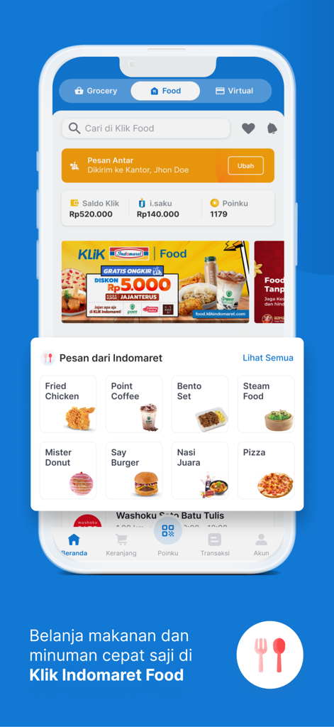 Mobile app interface for Klik Indomaret Food showing food delivery options and categories like fried chicken and coffee