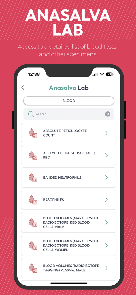 Anasalva Lab - Interface do aplicativo móvel Anasalva Lab mostrando uma lista abrangente de exames de sangue médicos, incluindo contagem de reticulócitos e neutrófilos.