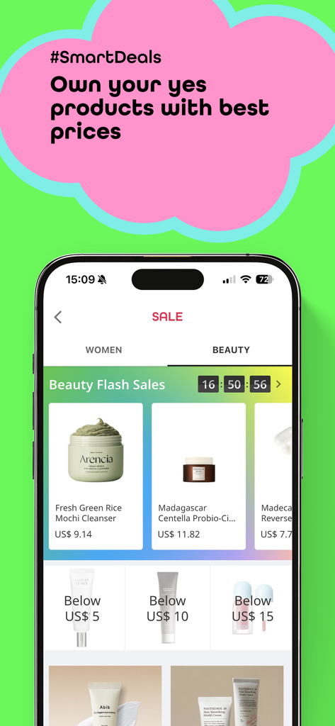 YesStyle - Beauty & Fashion - YesStyle app interface showing beauty flash sales with discounted Korean skincare products
